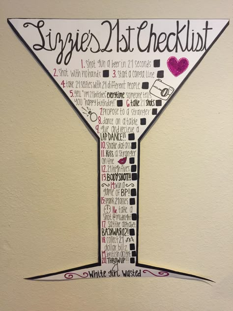 21st Birthday Checklist Sign Idea 21st Birthday Checklist Sign, 21st Birthday Bucket, 21st Birthday Signs Checklist, 21st Birthday Signs, Birthday Bucket List, Birthday Checklist, 21st Birthday Poster, 21st Birthday Sash, 21 Birthday Party Decorations