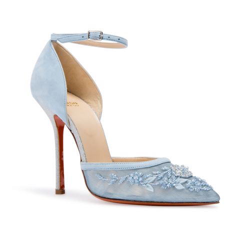 Soebedar "Dona Pump” in light-blue suede and blue mesh, featuring floral embroidery, a pointed toe, a buckled ankle strap and a very high sparkling-silver heel | from Soebedar.eu | April 2018 Gold Heels Prom, Light Blue Heels, Princess Heels, Straps Heels, Light Blue Shoes, Blue High Heels, Prom Heels, Blue Pumps, Blue Heels