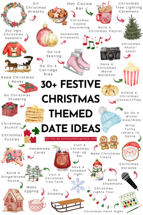 30+ Festive Christmas Date Ideas | Lynn Mumbing Mejia Couple Christmas Movie Night, Holiday Date Night At Home, Christmas Ideas Couples, Christmas Night Activities, Couples Christmas Ideas At Home, Christmas Eve Traditions For Couples, Christmas Date Night Ideas, Cute Christmas Date Ideas, Winter Hangout Ideas