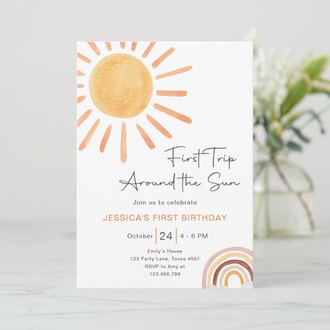 Sunshine First Birthday, First Trip Around The Sun, 1st Birthday Invitation, 1st Birthday Invitations, Mothers Day Cards, Adele, Birthday Party Invitations, Kids Party, First Birthdays