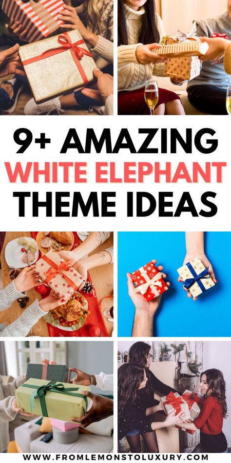 white elephant theme ideas White Elephant Variations, Christmas White Elephant Themes, Themes For White Elephant Gift Exchange, White Elephant Gift Themes Ideas, White Elephant Party Decorations, White Elephant Gift Exchange Themes, Themed White Elephant Gifts, Kids White Elephant Gift Ideas, White Elephant Gift Themes