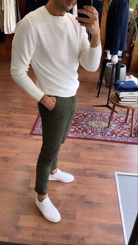 Men Outfit With Green Pants, White Shirt And Olive Green Pants Men, Men’s Green Chino Outfit, Chinos And Sweatshirt Men Outfit, Dark Green Chinos Outfit Men, Army Green Pants Outfit Men, Mens Green Chinos Outfits, Green Pants Men Outfit, Casual Work Outfit Men