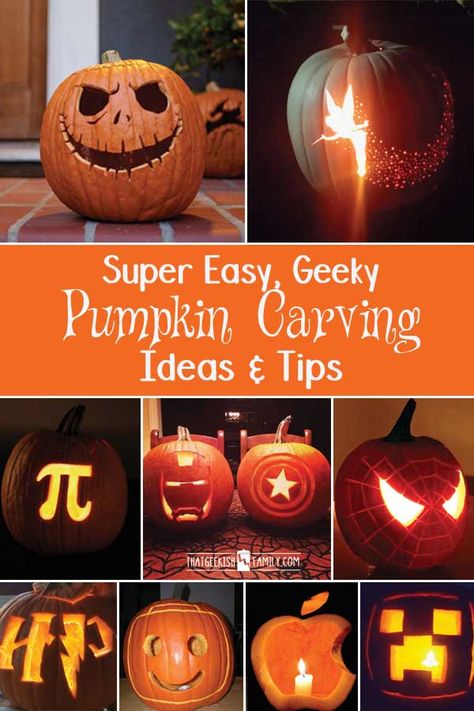 Don't let pumpkin carving season be stressful. Here are some easy DIY, geeky pumpkin carving ideas! Pumpkin Carving Pictures, Halloween Pumpkin Carving Ideas, Funny Pumpkin Carvings, Unique Pumpkin Carving Ideas, Pumpkin Carving Tips, Cute Pumpkin Carving, Disney Pumpkin Carving, Halloween Pumpkin Carving, Pumpkin Carving Kits