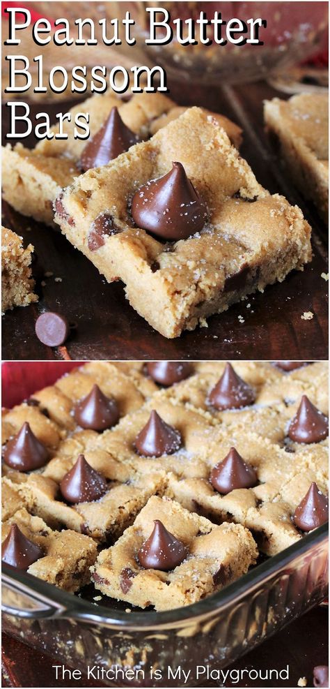 Squares of Peanut Butter Blossom Bars on cutting board and in pan Peanut Butter Blossom, Peanut Butter Blossom Cookies, Easy Peanut Butter Cookies, Peanut Butter Blossoms, Dessert Bar Recipe, Lost 100 Pounds, Peanut Butter Desserts, Cookie Bar Recipes, Cookie Inspiration