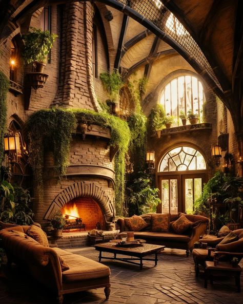 Cozy Fantasy Living Room, Enchanted House Decor, Castle Aesthetic Living Room, Fantasy Common Room, Cozy Castle Interior, Fantasy Castle Living Room, Fantasy Room Design, Hobbit Living Room, Fantasy Home Interior