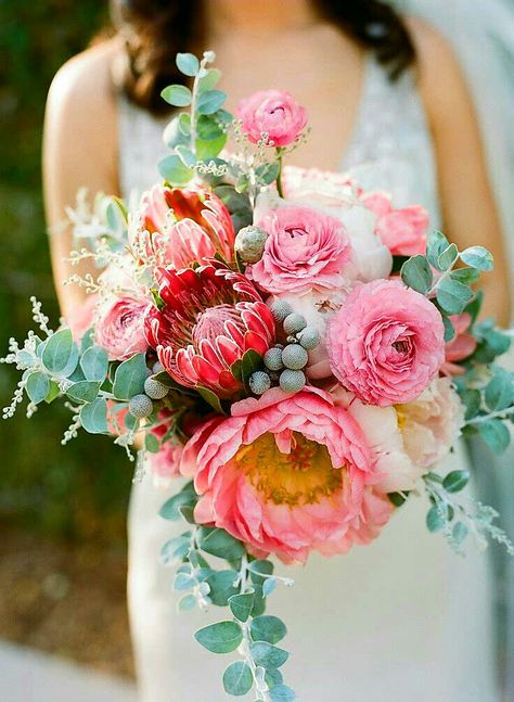 Bridal Bouquet Arranged With: Queen Protea, Ranunculus, Peonies, Eucalyptus Seeds, Eucalyptus Paper Daisies, Protea Wedding, Protea Bouquet, Rice Flower, Poppy Pods, Coral Peonies, Sea Holly, A Bouquet Of Flowers, Roses Pink