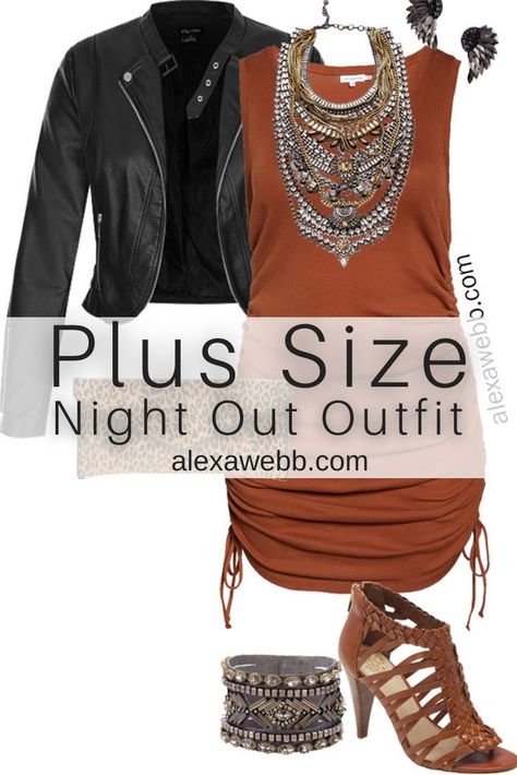 Plus Size Brown Tank Dress Outfits - Night Out Outfit with Rust Brown Tank Dress, Cropped Faux Leather Moto Jacket, Leopard Clutch, and Statement Necklace - Alexa Webb Outfits For Going Out To A Bar Plus Size, Fall Night Out Outfit Bar Plus Size, Plus Size Suede Skirt Outfit, Fancy Date Night Outfit Plus Size, Outfit Ideas For Concert Night Plus Size, Plus Size Fancy Dinner Outfit, Night Out Outfit Plus Size Going Out, Las Vegas Outfit Fall Plus Size, Plus Size Going Out Outfits Night Casual