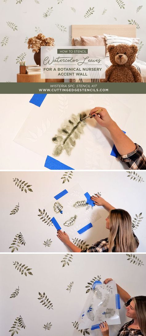 Watercolor Accent Wall, Money Stencil, Leaf Wall Stencil, Botanical Nursery, Wall Stencil Designs, Wall Stencils Diy, Accent Wall Stencil, Nursery Accent Wall, Diy Leaves