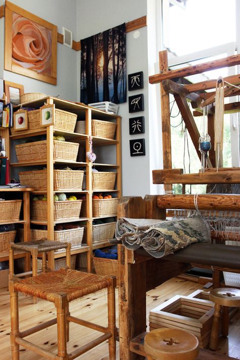 BAIBA RĪTERE Weaving Studio Spaces, Weaving Room Ideas, Knitting Studio, Fiber Arts Studio, Weaving Studio, Art Studio Storage, Studio Weave, Art Studio Design, Studio Organization