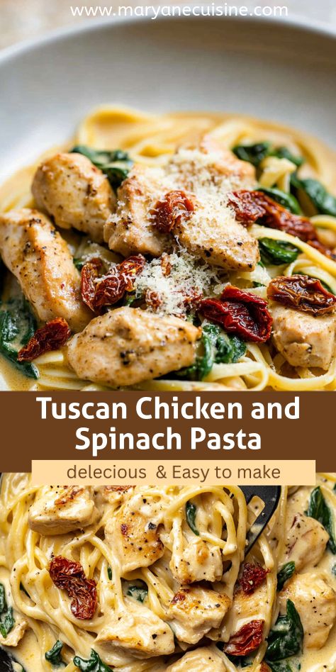 Juicy chicken pieces and fresh spinach swim in a parmesan cream sauce in this easy-to-follow Tuscan chicken pasta recipe. Gluten Free Tuscan Chicken Pasta, Tuscan Chicken And Pasta, Baked Tuscan Chicken Pasta, Sundried Tomato Pasta Chicken, Tuscany Chicken Recipe, Chicken Spinach Pasta Recipes, Tuscan Pasta Recipes, Chicken Tuscan Pasta, Creamy Tuscan Pasta