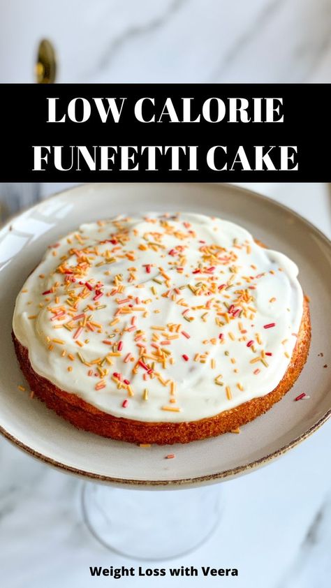 Enjoy a delicious funfetti cake whilst still losing weight! Super moist, fluffy and the entire cake contains fewer calories than 1 slice of regular cake! #funfetticake #weightloss #lowcalorie #lowcalorierecipes Low Calorie Cake Recipes, Funfetti Cake Recipe, Regular Cake, Low Calorie Baking, Low Calorie Cake, Cake Sponge, Vanilla Birthday Cake, Cake Calories, Full Fat Yogurt