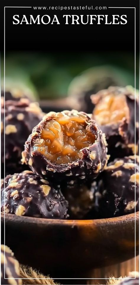 These Samoa Truffles are a quick and easy no-bake treat that combines the classic flavors of Samoa cookies—chocolate, caramel, and coconut—into one delicious bite-sized dessert. With just a few simple ingredients and no baking required, they’re perfect for beginners and guaranteed to satisfy your sweet tooth. The creamy center, chocolate coating, and toasted coconut topping make these truffles an irresistible indulgence! Samoa Truffles, Samoa Cookies, Easy Truffles, Truffle Recipe, Cookies Chocolate, Chocolate Nuts, Vanilla Wafers, Soften Cream Cheese, Chocolate Coating