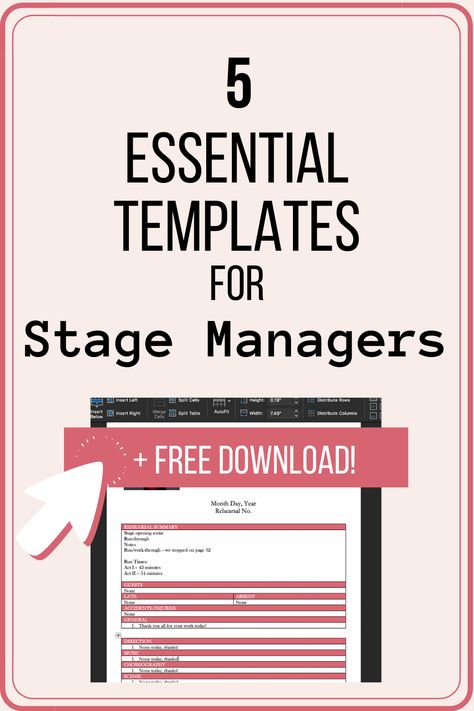 A list of 5 great templates for stage managing your next theatre production. Plus, get a FREE download of each template so you can get to organizing your stage managment paperwork. | stage manager | theatre | paperwork | organizing | #stagemanagement #theatrenerd #musicaltheatre #paperwork #organization #productivity Stage Manager Tips, Ghostly Makeup, Theatre Resume, Theatre Terms, Paperwork Organization, Tech Theatre, Stage Management, Technical Theatre, Teaching Theatre