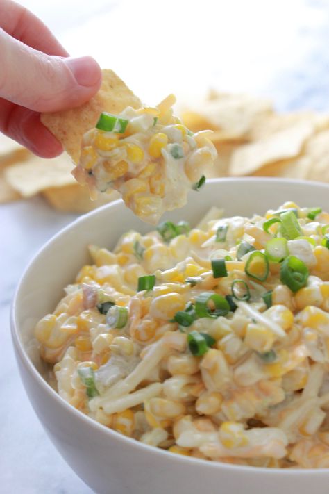 Creamy Mexican Corn Dip - MANDY JACKSON Creamy Mexican Corn, Mexican Corn Recipes, Mexican Corn Dip, Rotel Recipes, Mexican Street Corn Recipe, Savory Dips, Hot Corn Dip, Street Corn Recipe, Corn Dip Recipes