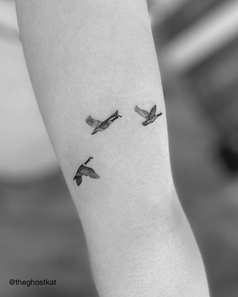 Two Geese Tattoo, Canada Geese Tattoo, Duck Duck Goose Tattoo, Canada Goose Tattoo, Canada Tattoo Ideas, Ducks Tattoo, Geese Tattoo, Goose Tattoos, Kid Tattoos