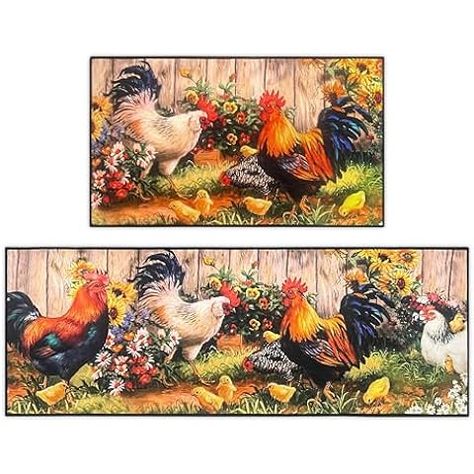 Amazon.com: BOOWEATS Rooster Kitchen Rug 2 Piece Set, Farmhouse Chicken Kitchen Mat, Home Decor Kitchen Sink Rugs and Mats Non Skid Washable Absorbent Microfiber Kitchen Floor Carpet 17" x 47"+17" x 30" : Home & Kitchen Sunflower Decor Kitchen, Kitchen Rugs Farmhouse, Farmhouse Kitchen Rugs, Christmas Kitchen Rugs, Carpet Making, Washable Runner Rug, Water Splashing, Chicken Kitchen, Kitchen Rugs Washable