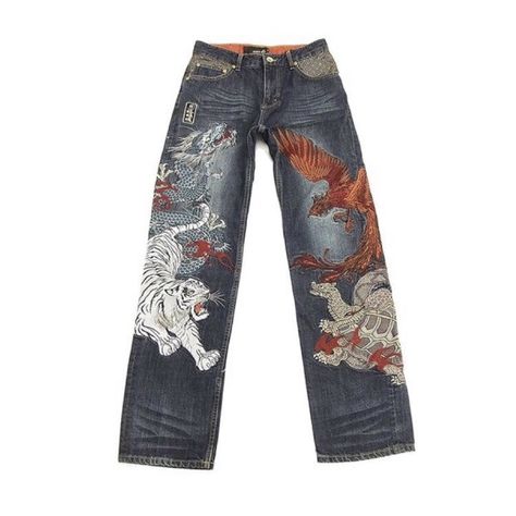 Dragon Jeans, Ego Clothing, Style Wide Leg Pants, Denim Pants Mens, Thrifted Outfits, Mood Board Fashion, Cool Fits, Streetwear Men Outfits, Embroidered Jeans