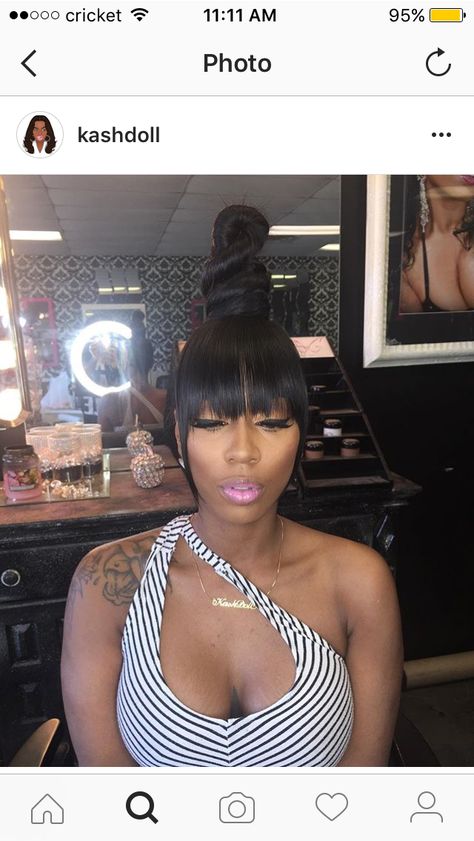 Bun With Bangs, Top Knot Bun, Weave Ponytail Hairstyles, Knot Bun, Black Ponytail Hairstyles, Hair Ponytail Styles, Hair Laid, Sleek Ponytail, Ponytail Styles