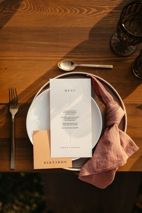 Modern menu and place settings | Wedding & Party Ideas | 100 Layer Cake Plate Settings Wedding, Wedding Food Menu Ideas, Menu Place Setting, Dining Photography, Fine Dining Photography, Place Settings Wedding, Wedding Plate Setting, Weddings 2024, Wedding Food Menu