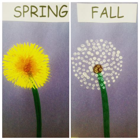 Dandelion Painting, paint with a fork for spring and Q-tip for fall.  Read the book "The Dandelion Seed" by Joseph Anthony Q Tip Dandelion Craft, Fork Painting, Afternoon Crafts, Classe D'art, Dandelion Painting, Storytime Crafts, Fork Art, Kids Painting Crafts, Dandelion Art