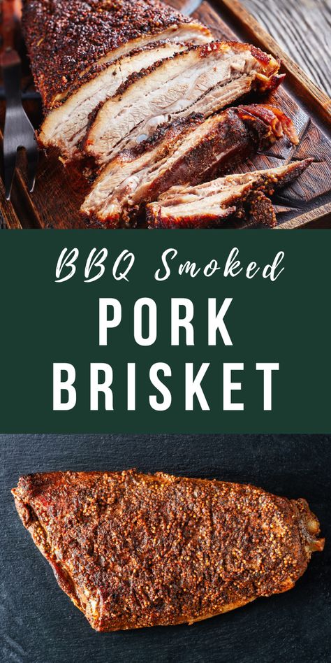 Delicious smoked pork brisket cooked low and slow over applewood. This underrated pork cut is rich in flavor and perfect for slow cooking on your backyard barbecue smoker. Pellet Grill Brisket, Smoker Recipes Brisket, Juicy Brisket, Grilled Brisket, Pork Brisket, Brisket Recipes Smoked, Brisket Rub, Grilling Ideas, Brisket Recipe