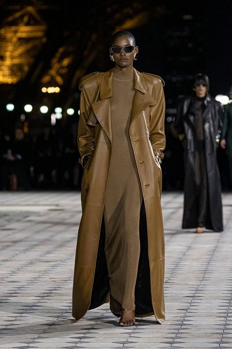 Floor-Length Coats Will Be a Big S/S 23 Trend—Shop These 20 | Who What Wear Paris Fashion Week 2023, High Neck Coat, Ysl Paris, Fashion Week 2023, Coat Trends, Maxi Coat, Leather Trench Coat, Coat Design, Coat Outfits