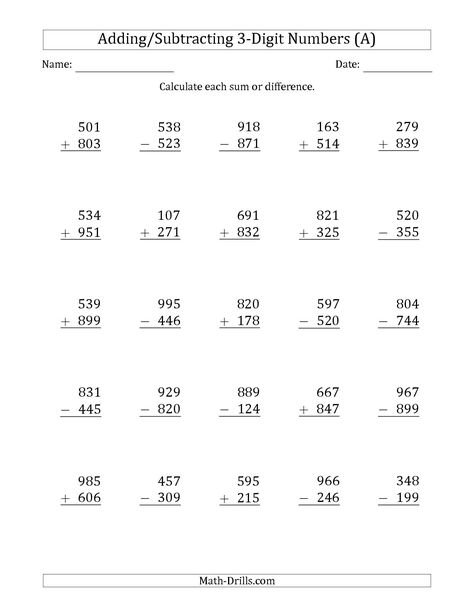 The 3-Digit Plus/Minus 3-Digit Addition and Subtraction with SOME Regrouping (A) Mixed Operations Worksheet Basic Subtraction Worksheets, Addition With Regrouping Worksheets, Subtraction With Regrouping Worksheets, 3 Digit Addition, Basic Subtraction, Math Fact Worksheets, Addition Worksheet, Addition With Regrouping, Subtraction With Regrouping