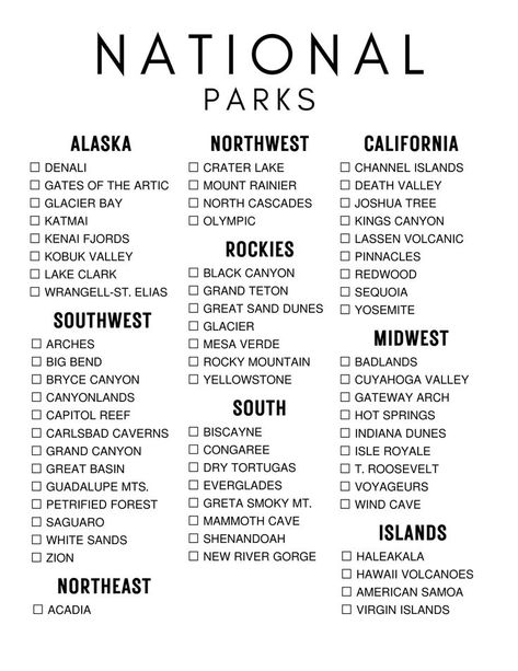 National Parks List, National Parks Checklist, National Park Checklist, List Of National Parks, Summer To Do List, Lassen Volcanic, Carlsbad Caverns, Indiana Dunes, Kenai Fjords