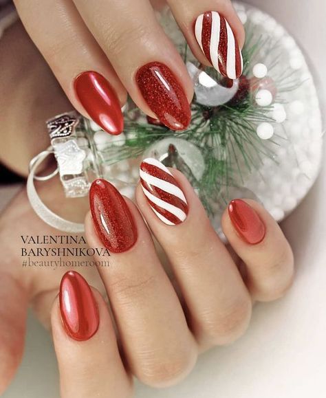 80 Christmas Nail Art Ideas to get that ultimate Look - Hike n Dip Red Candy Cane Nails, Christmas Candy Cane Nails, Christmas Nails Candy Cane, Candy Cane Nail Designs, Candy Cane Christmas Nails, Holidays Nails, Christmas Nails Glitter, Nail Therapy, Christmas Nail Art Ideas