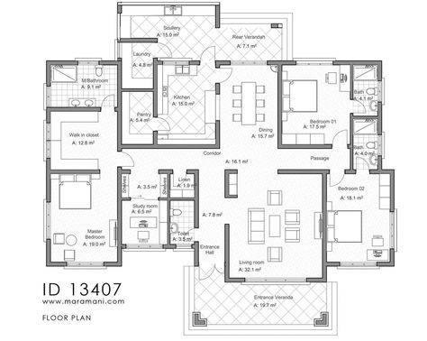 3 Bedrooms country house - ID 13407 - House Designs by Maramani Arabic Style House, 4 Room House Plans, Staff Quarters, Arabic Architecture, 1 Bedroom House Plans, Roof Eaves, 4 Bedroom House Designs, African Architecture, 1 Bedroom House