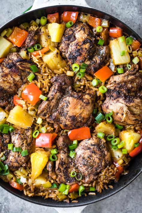 Incredible One Pan Caribbean Jerk Chicken with a unique, flavorful pineapple-coconut rice. This easy, one pan meal has a homemade jerk seasoning and is perfect for meal prep. #chickenrecipe #onepan #onepandinner #dinnerideas #mealprepping #mealpreprecipe #healthyeating #familydinner #highprotein Caribbean Dinner, Jerk Chicken And Rice, Caribbean Chicken, Jerk Chicken Recipe, Jamaican Jerk Chicken, One Pan Meal, Caribbean Jerk Chicken, Easy Chicken Breast, Ambitious Kitchen