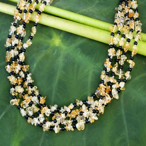 Beaded Citrine Necklace - Midnight Honey | NOVICA Citrine Beads, Citrine Necklace, Black Beads, Long Necklace, Citrine, Diamond Necklace, Honey, Beaded Necklace, Women's Fashion