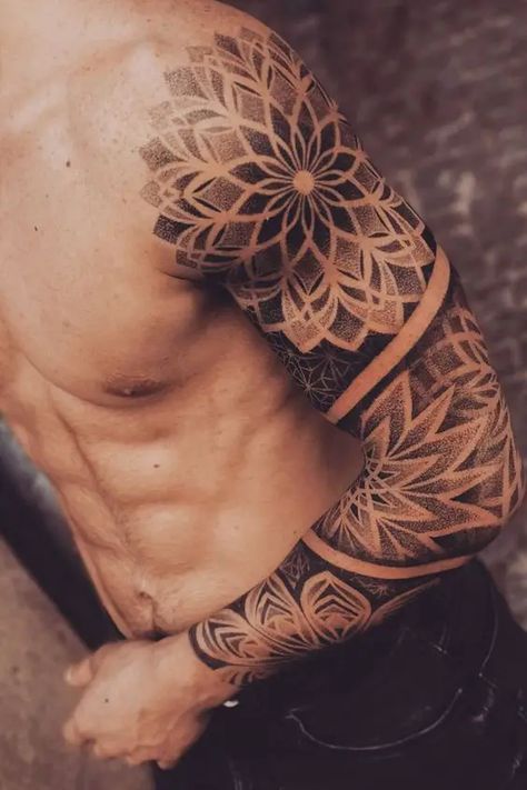 Shoulder Tattoo 24 Ideas for Men: Exploring Unique and Stylish Designs Mandala Tattoo Forearm Men, Half Sleeve Tattoo For Men Forearm, Men’s Sleeve Tattoos Ideas, Mens Mandala Tattoo, Men Sleeve Tattoo Ideas Unique, Geometric Shoulder Tattoo, Top Shoulder Tattoo, Shoulder Tattoo Traditional, Mendala Tattoo