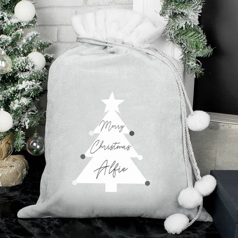 Christmas Tree Luxury, Grey Christmas Tree, Christmas Gift Sack, Personalised Christmas Sack, Luxury Christmas Tree, Christmas Luxury, Santa Bags, Gift Sack, Modern Christmas Tree