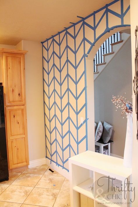 Herringbone painted wall tutorial: looks like a lot of work, but I'll pin it in case I'm feeling ambitious. Painted Herringbone Accent Wall, Herringbone Painted Wall, Herringbone Accent Wall, Artsy Wall, Wall Paint Designs, Painted Wall, Remodel Bedroom, Herringbone Pattern, My New Room