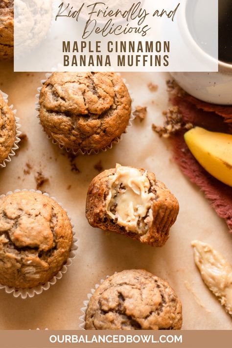 photo of baked banana muffins, one with a bite taken out and maple butter on top Best Easy Banana Bread, Cinnamon Banana Muffins, Banana Cinnamon Muffins, Healthy Banana Muffins, Banana Muffin Recipe, Banana Bread Muffins, Cinnamon Muffins, Easy Banana Bread Recipe, Banana Bread Recipe