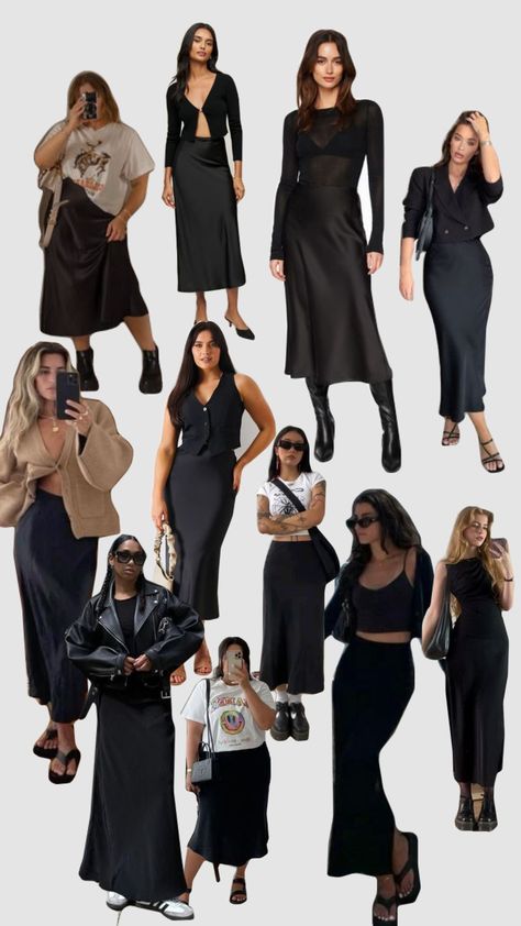 black satin skirt outfit inspired #blacksatinskirt #black #wishlist #outfit #outfitaesthetic #fitcheck #outfitinspo Black Satin Skirt Outfit Dressy, Black Maxi Satin Skirt Outfit, Black Long Silk Skirt Outfit, Black Silk Top Outfit, Maxi Satin Skirt Outfit, Black Satin Maxi Skirt Outfit, Black Satin Skirt Outfit Classy, Satin Maxi Skirt Outfit, Black Skater Skirt Outfit