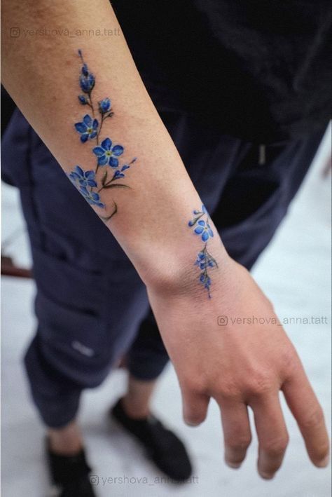 Blue Flower Tattoos, Forget Me Not Tattoo, Flower Wrist Tattoos, Wrist Tattoos For Women, Flowers Tattoo, Tattoo Bracelet, Elegant Tattoos, Mom Tattoos, Little Tattoos