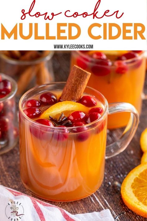 This Mulled Apple Cider is super delicious and the smell is so welcoming! Guests of all ages won’t be able to resist pouring some into a cozy mug and sipping away happily. #cider #mulledcider #crockpot #slowcooker #holiday #drink #kyleecooks https://www.kyleecooks.com/mulled-cider/ Crockpot Mulled Cider, Mulled Apple Cider Recipe Crock Pot, Alcoholic Apple Cider Crockpot, Mulled Wine Recipe Crockpot Apple Cider, Boozy Hot Apple Cider Crockpot, Apple Cider Uses, Slow Cooker Drinks, Mulled Apple Cider, Crock Pot Pulled Pork Recipe