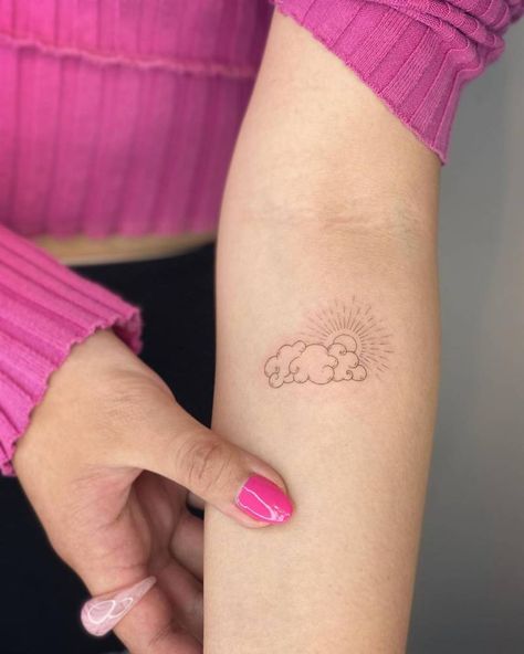 Tiny Sky Tattoo, Sky Inspired Tattoo, Cloud And Fire Tattoo, Cloud 9 Tattoo, Younger Brother Tattoo Ideas, Cloud Tattoo Aesthetic, Sun And Clouds Tattoo Design, Cloud Tattoo Placement, Cloud Sun And Moon Tattoo