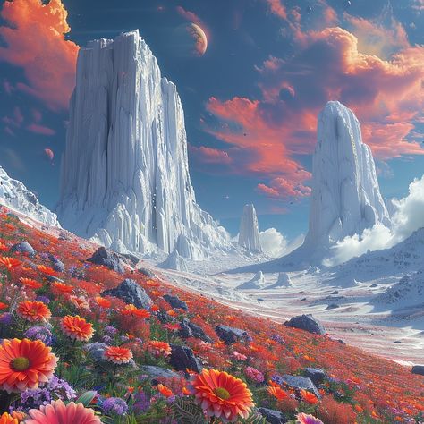 👽️⁠ A surreal landscape of towering white rock formations, covered in snow and surrounded by vibrant flowers on the ground. Above is an alien planet with multiple moons visible in its sky. The scene exudes tranquility and wonder as if it were captured from another world. Hyper realistic in the style of landscape photography --s 750 --v 6.0⁠ ⁠ ⁠ ⁠ #surrealart #landscape #aiimage #aipainting #digitalart #art #aiphoto #artist ⁠ #mountain #sky #scifiartwork #scifi #space #sciencefictionart Space Fantasy Landscape, Alien Worlds Landscape, Planet Moodboard, Planet Fantasy Art, Alien Planet Concept Art, Alien Planet Art, White Rock Landscaping, Fantasy Mountain Landscape, Scifi Landscape