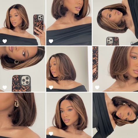 Short Caramel Hair With Highlights, Hairstyles For Corporate Women, Balayage Bob Black Women, Caramel Hair Black Women, Black Girls With Highlights, Chocolate Brown Bob Black Women, Highlighted Bob Black Women, Caramel Highlights Bob, Black Hair With Highlights Black Women