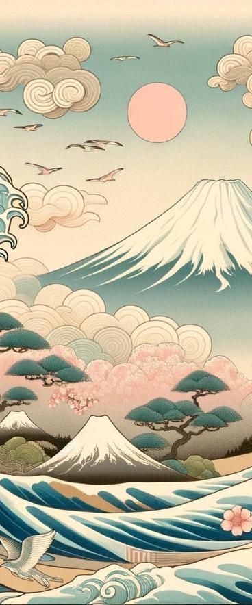 Découvrez la grandeur d'un paysage japonais traditionnel avec ce Papier peint japonais, où la puissance d'une vague majestueuse rencontre la délicatesse des fleurs de cerisier. L'iconique Mont Fuji se dresse en arrière-plan, ajoutant une dimension de tranquillité et de permanence à la scène. La douceur de l'aube colore le ciel de ce Papier peint japonais fleurs, offrant une palette de couleurs apaisantes et invitant à la sérénité au sein de votre espace de vie.Les nuances pastel et les détails s Japanese Clouds Design, Japan Pattern, Akali League Of Legends, Design Japonais, Mont Fuji, Japon Illustration, Clouds Design, Japanese Patterns, Textile Art