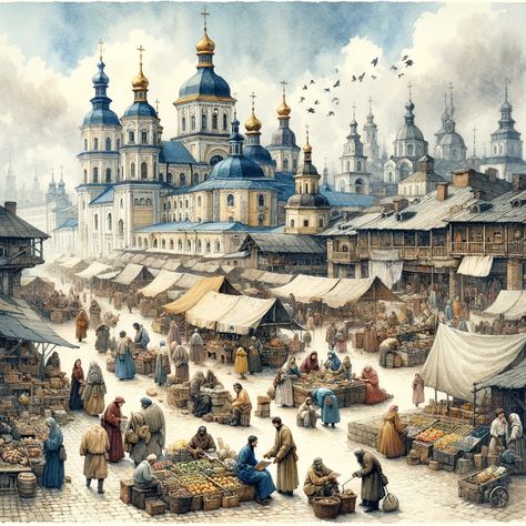 Here is the historical watercolor painting depicting everyday city life in Kiev during the time of Kievan Rus. The scene includes bustling marketplaces, artisans, monks, and ordinary citizens engaging in daily activities. The artwork captures the vibrancy of street life, the architectural backdrop of the city, and the lively interactions among the people, created in a style reminiscent of Canaletto. It conveys the rich cultural tapestry and the dynamic atmosphere of the city during this historical period. Kievan Rus Architecture, Fantasy Russian City, Character Occupations, Fantasy Marketplace, Medieval Russia, Kievan Rus, Medieval Paintings, Royal Aesthetic, History Painting