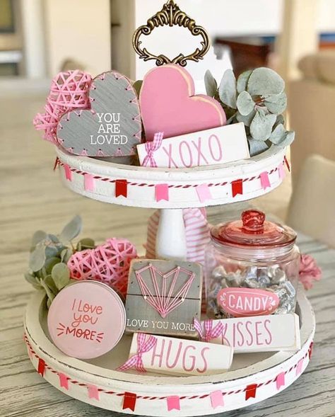 Valentines Signs, Three Tiered Tray, Arreglos Ikebana, Valentine's Day Decorations, Diy Valentine's Day Decorations, Signs Decor, Mini Signs, Tiered Tray Diy, Happy Hearts Day