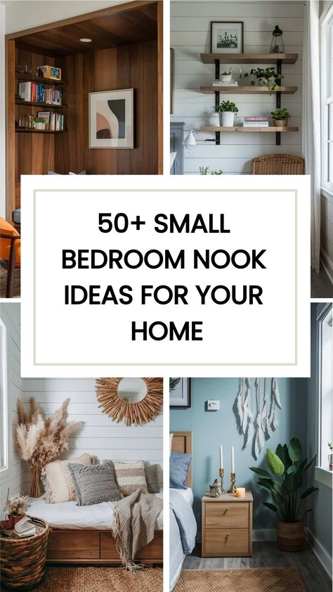 Are you looking to spice up a nook in your small bedroom? We know all about small bedrooms! We’ve lived in several apartments so our bedroom was never the big space you see in magazines! Check out these 50+ Small Bedroom Nook Ideas For your Home. Corner Bedroom Ideas Small Spaces, Comfy Nook Bedrooms, Corner Bed Nightstand Ideas, Bedroom Nooks Cozy, Bedroom With Kitchen Small Spaces, Small Bedroom Seating Area, Small Nook Decorating Ideas, What To Put In Corner Of Bedroom, Small Corner Bedroom Ideas