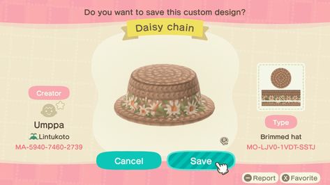 Acnh codes Acnh Fall Hat Code, Acnh Straw Hat Design, Hat Acnh Code, Acnh Springcore Codes Clothes, Animal Crossing Hat Design Codes, Animal Crossing Clothes Spring, Acnh Clothes Design Codes Spring, Acnh Sunflower Dress, Animal Crossing Spring Outfits