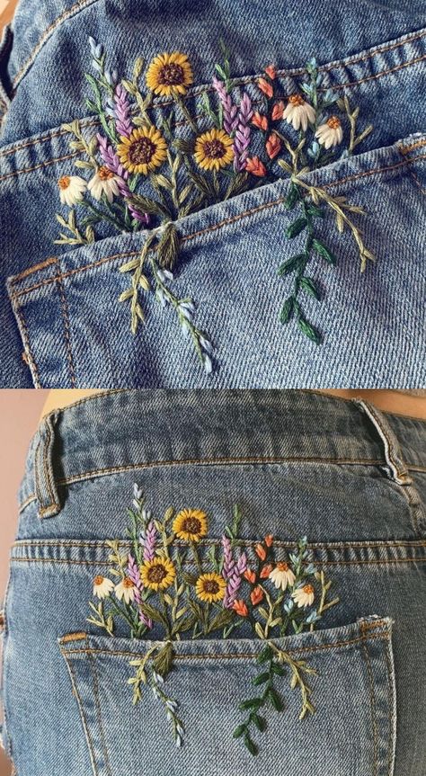 Floral Embroidered Denim Jacket, Mending Stitches, Visible Mending Stitches, Denim Jacket Embroidery, Embroidery Jeans Jacket, Embroidery Jeans Diy, Embroider Ideas, River Birch, Feather Embroidery