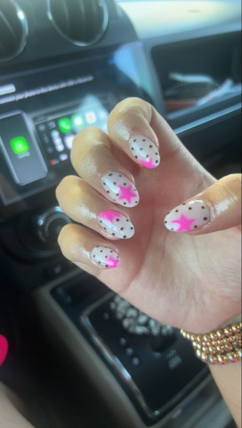 Gel X Nails Short Almond, Hot Pink With Black Nails, Birthday Nails Design Ideas, 4h Nails, Hannah Montana Nails, Gel Nail Ideas Summer, Gameday Nails, Pokadot Nails Acrylic, Cheer Nails Designs