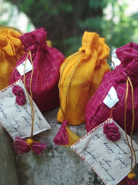 Potli bags as wedding return gifts made from upcycled fabric. This kit comes with hand written cloth tags. Wedding Return Gifts, Upcycled Fabric, Return Gifts, Return Gift, Potli Bags, Hand Written, Handmade Products, Wedding Favours, Gift Tag